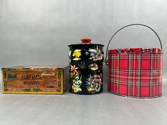 2 Vintage Tins And A Plaid Bucket Tin.