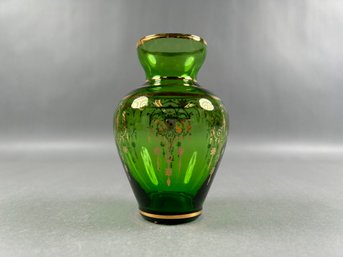 Murano Glass Small Green And Gold Bud Vase