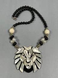 Large Beaded Necklace With Lion Head Inlayed With Abalone