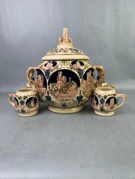 5 Liter Punch Bowl With German Castles & 3 Matching Cups- Germany