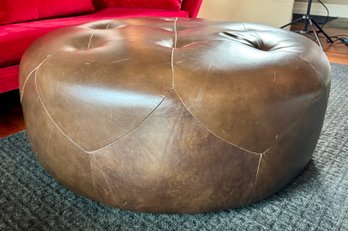 Large Dark Brown Leather Round Tuffted Ottoman