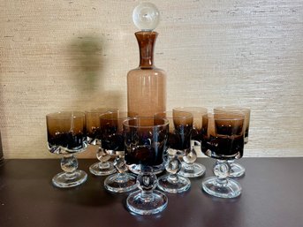 Set Of Vintage Brown  And Clear Pinched Glass Stemware & Decanter *LOCAL PICKUP ONLY - NO SHIPPING*