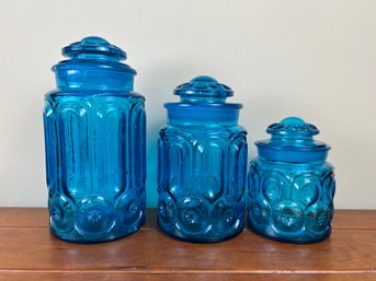 Set Of 3 Vintage L E Smith Blue Moon And Star Glass Lidded Canisters