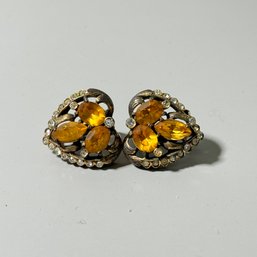 Vintage Rhinestone Heart Clip Earrings
