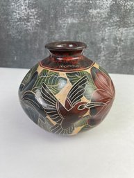 Artist Signed Etched Pottery Pot Vase Signed By Artist Rosa Lopez