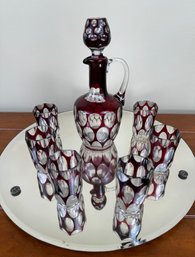 Vintage Bohemian Ruby Cut Crystal Decanter With 6 Glasses