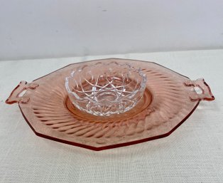 Vintage Pink Depression Glass Platter & 1 Small 1.25 Inch High Glass Bowl