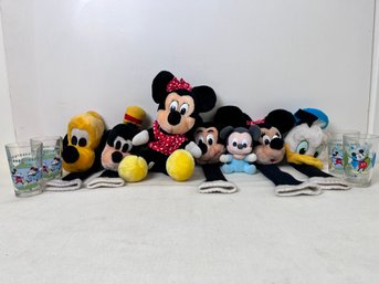 5 Mickey Mouse Character Golf Club Covers, 2 Dolls And 4 Juice Glasses.