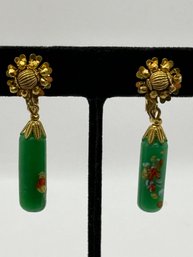 Miriam Haskell Gold Tone Clip On Earrings With Hand Painted On Green Stones