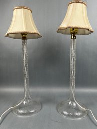 2 Etched Glass Tall Made In Czechoslovakia Table Lamps.