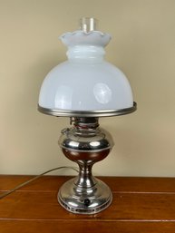 Antique Chrome Coated Electrified Oil Lamp With Milk Glass Shade