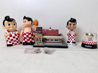 Big Boy Collectables, 2 Banks, 1 Bobblehead, 1 Snow Globe, 2 Pins And A Mock Up Restaurant.