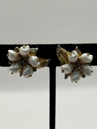 Trifari Gold Tone Clip On Earrings With Faux Pearls