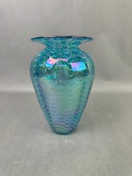 Blue Iridescent Art Glass Vase