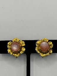 Gold Tone  Screw On Earrings With Pink Stones