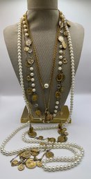 Pearl And Coin Costume Gold Toned Necklaces-lot Of 4
