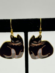 Gold Tone Pierced Earrings With Cat Motif