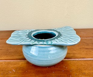 Studio Pottery Blue Dish Ikebana Flower Frog Vase Signed Neher