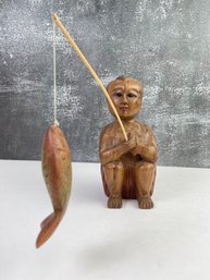 Thai Carved Hardwood Fisher Boy With Fish  *Local Pickup Only*