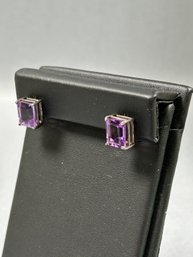 Sterling Silver And Emerald Cut Purple Stone Pierced Earrings