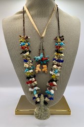 Vintage Colorful Zuni Animal Necklace And Matching Earrings