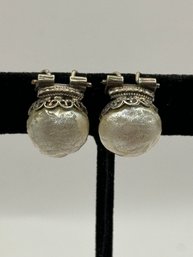 Silver Tone Faux Pearl Earrings - Made In France