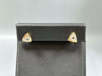 14K Yellow Gold With Triangle Faceted Clear Stone Pierced Stud Earrings