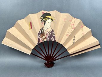 Hand Painted Cardboard And Wood Collapsible Asian Fan.