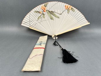 Vintage Bamboo And Paper Hand Painted Collapsible Fan.