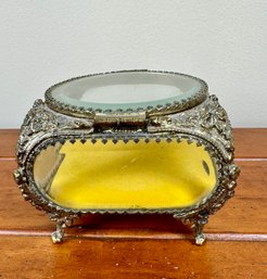 Vintage Gold Filigree Beveled Glass Footed Jewelry Box