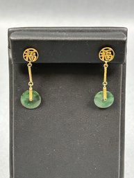 Vintage Jade And Gold Tone Drop Pierced Earrings