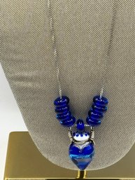 Sterling Chain With Blue Glass Beads And Pendant And Matching Pierced Earrings
