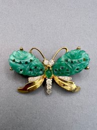 Carved Jade, Rhinestone And Gold Tone Butterfly Brooch