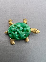 Carved Jade And Gold Tone Turtle Brooch