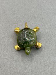 Small Gold Tone Turtle Pin With Jade Accent