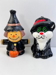 2 Halloween Candles, Black Cat And Scarecrow.