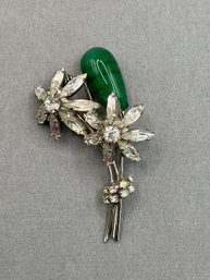 Beautiful Vintage Rhinestone And Jade Silver Toned Flower Brooch