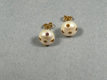 Large Pearl Button Earrings With Inset Gem Stones Earrings  - 14K Post