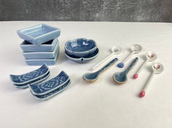 Lot Of Porcelain Condiments Dishes Chopstick Rests And Spoons