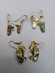 Northwest Native Animal Earrings, Gold Tone W/enamel