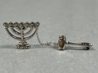 Sterling Silver Menorah & Gavel Pin With Accent Stones