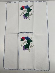 2 Linen Embroidered With Berries And Leaves With Scalloped Edge Hand Towels.