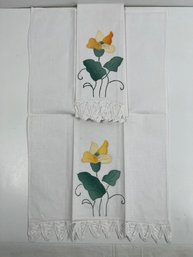 2 Linen Embroidered With Yellow Flowers And Lace Edge Hand Towels.