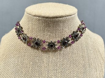 Purple And Silver Tone Costume Jewelry Choker Necklace