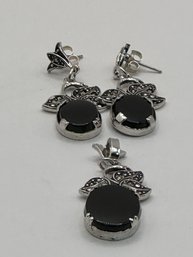 Silver Tone And Black Pierced Earrings And Matching Pendant