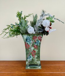 Holiday Tin Vase With Floral Decorations