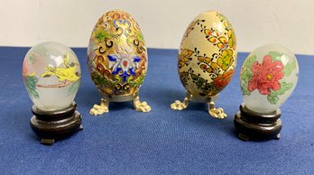 4 Painted Eggs On Stands-2 Glass And 2 Resin