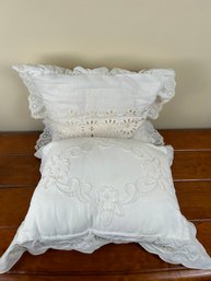 Lot Of 2 White Cutwork Embroidered & Eyelet Accent Pillows