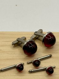 Red Stone Cuff Links And Tie Clasps