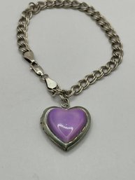 Sterling Silver Chain Bracelet And Silver Tone Locket With Purple Stone